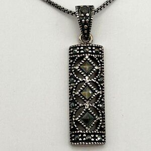 Vintage 925 Marcasite Bar Pendant Box Chain Necklace 16 in